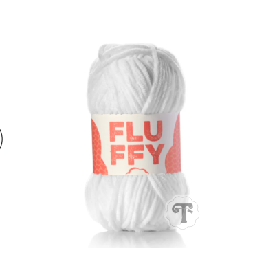Novelo de lã branco com etiqueta FLUFFY