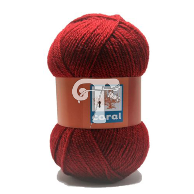 Novelo de lã vermelho com etiqueta castanha com texto coral