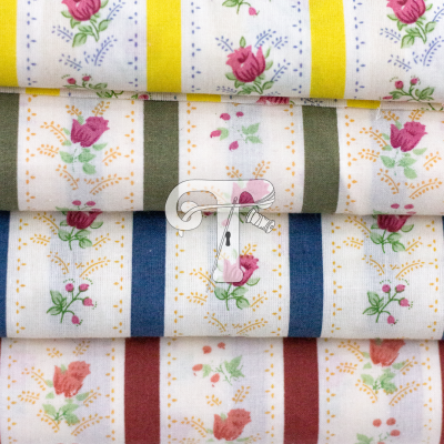 Tecidos coloridos com padrão floral e listras verticais