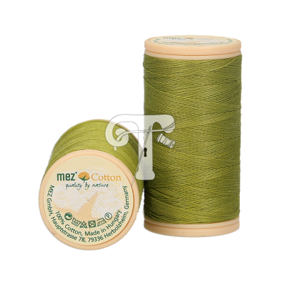 Dois carretéis de linha de algodão verde-oliva com rótulos visíveis