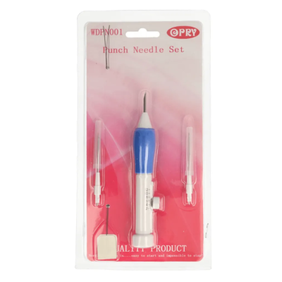 Conjunto Punch Needle com cabo azul e branco em embalagem rosa