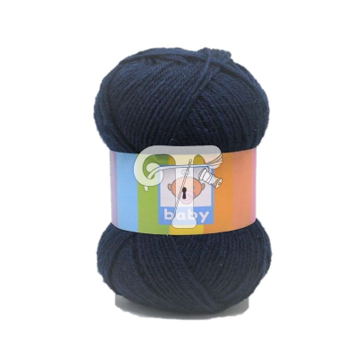 Novelo de lã azul escuro com etiqueta colorida e texto BABY