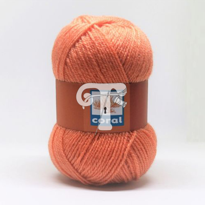 Novelo de lã cor de coral com etiqueta castanha e texto 'coral'