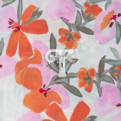 tecido floral laranja, rosa e verde sobre fundo branco
