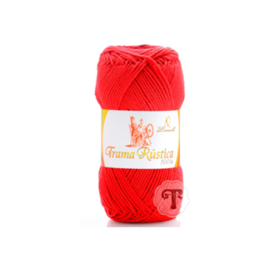 Novelo de lã vermelho com rótulo branco e amarelo