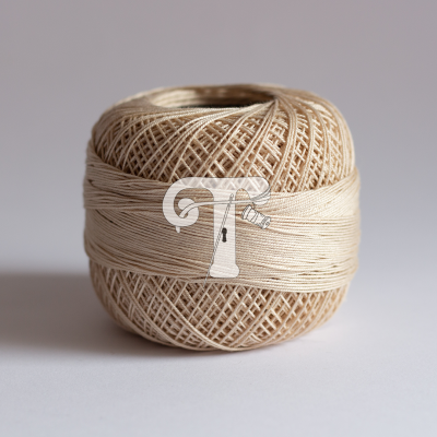 Rolo de linha de algodão bege claro numa superfície branca