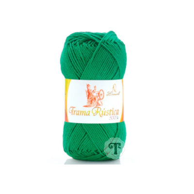 Novelo de lã verde com etiqueta 'Trama Rústica 500m'