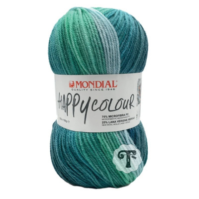 Novelo de lã multicolorida verde e azul com etiqueta MONDIAL HAPPY COLOUR