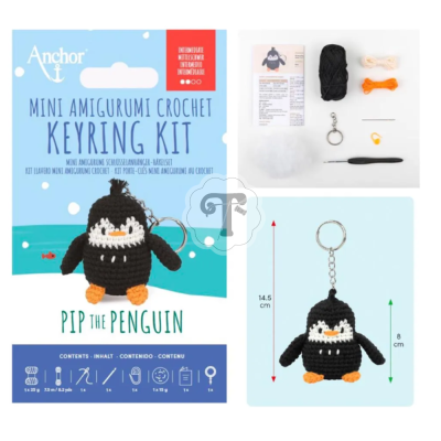 Kit para chaveiro de crochet de pinguim com fios, agulha, enchimento e instruções