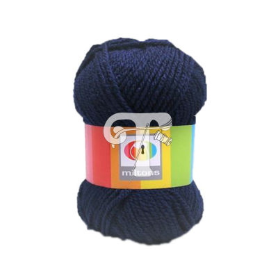 Novelo de lã azul escuro com etiqueta colorida da marca Miltons