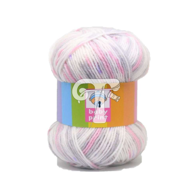 Novelo de lã branca com riscas em rosa e azul claro e etiqueta colorida