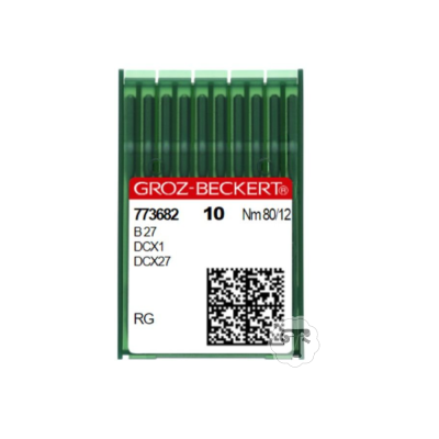 Conjunto de agulhas de costura Groz-Beckert em caixa verde com etiqueta informativa