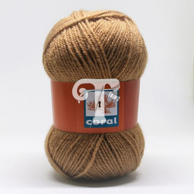 Novelo de lã castanha com etiqueta vermelha e texto 'coral'