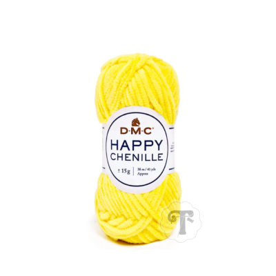 Novelo de fio amarelo DMC Happy Chenille com etiqueta branca