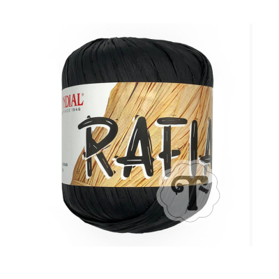 Rolo de fio preto com etiqueta branca 'MONDIAL RATTAN'