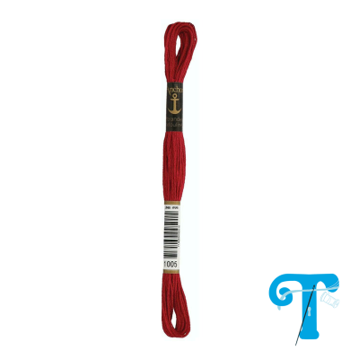 Skeins de linha de bordar vermelha com rótulo e código de barras