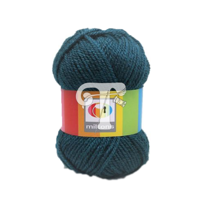 Novelo de lã azul escuro com etiqueta colorida e texto milcons