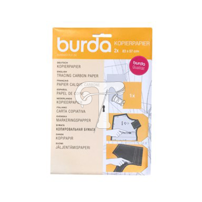 Pacote de papel de cópia Burda laranja e branco com texto e ilustrações.