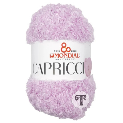 Novelo de lã cor de rosa claro tipo felpa com etiqueta MONDIAL CAPRICCI.