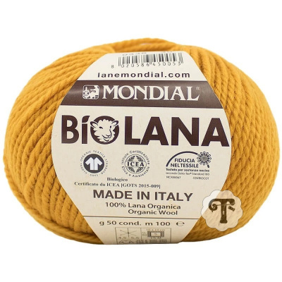 Novelo de lã amarela com etiqueta da marca Mondial Bio Lana