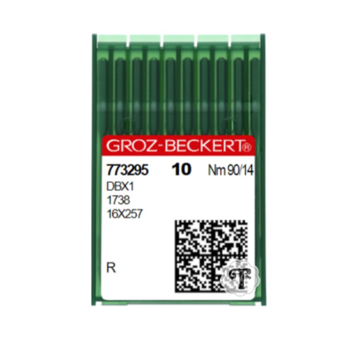 Conjunto de agulhas de costura Groz-Beckert em estojo verde com etiqueta branca e vermelha