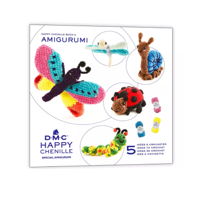 Livro DMC Happy Chenille com 5 projetos amigurumi de insetos em cores vibrantes