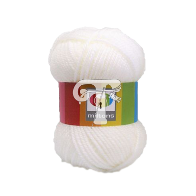 Novelo de lã branca da marca Mitjons com rótulo colorido