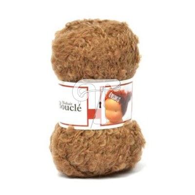 Novelo de fio de lã boucle castanho claro com rótulo