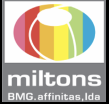 Logótipo colorido com texto 'miltons BMG.affinitas, lda'