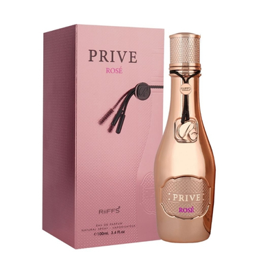 Frasco dourado de perfume Prive Rosé com caixa rosa e texto