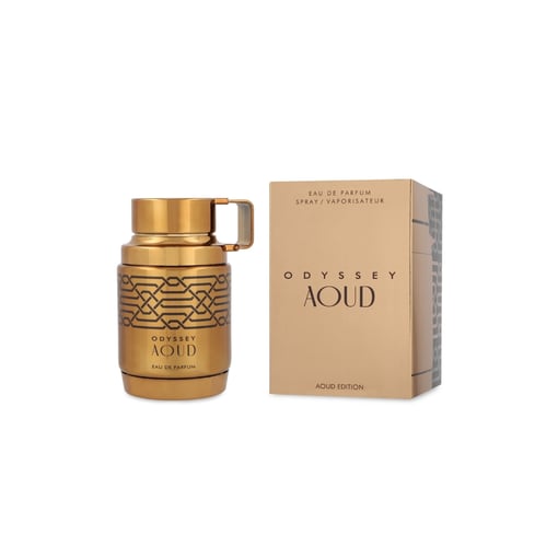 Frasco dourado de perfume Odyssey Aoud com embalagem bege