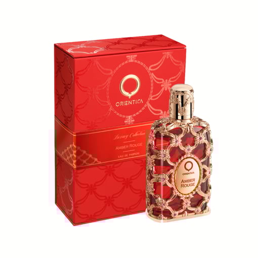 Frasco de perfume Amber Rouge da Orientica com embalagem vermelha e detalhes dourados