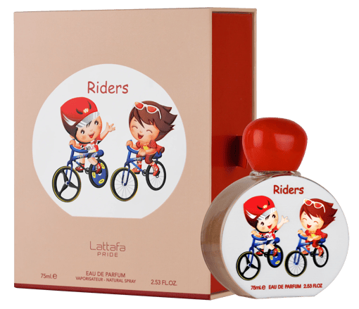 Frasco e caixa de perfume Riders com ilustração de crianças em bicicletas