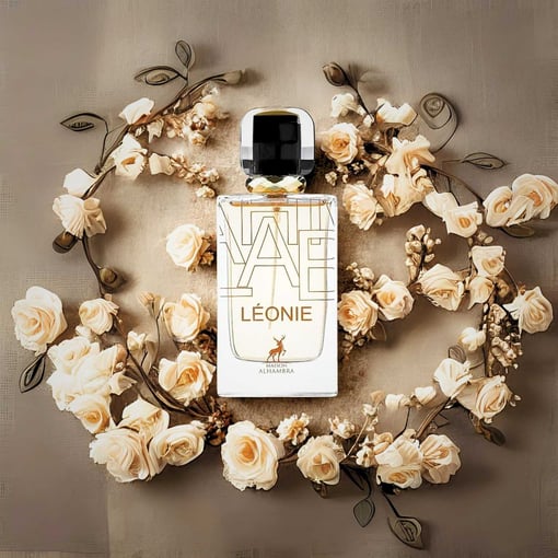 Frasco de perfume branco LÉONIE rodeado por flores creme em círculo