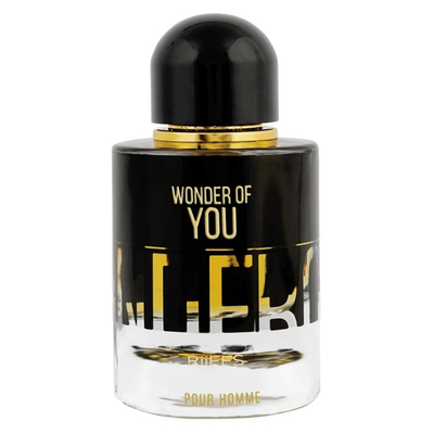 Frasco de perfume masculino preto e transparente com texto dourado