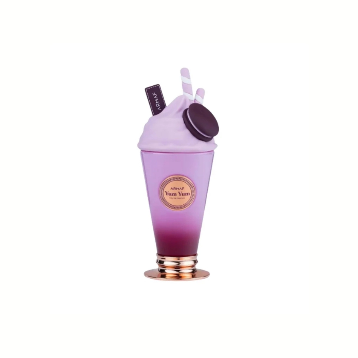 Frasco de perfume roxo e lilás com tampa decorada em forma de chantilly e biscoito.