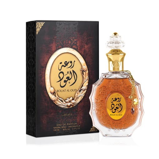 Frasco de perfume Rouat Al Oud com caixa preta e dourada