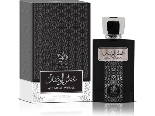 Frasco de perfume preto com padrão geométrico e texto ATTAR AL WESAL com caixa correspondente