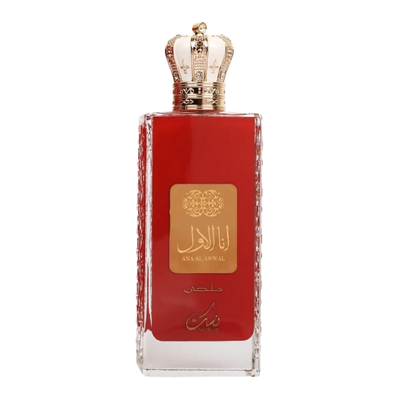 Frasco vermelho de perfume com tampa em forma de coroa dourada