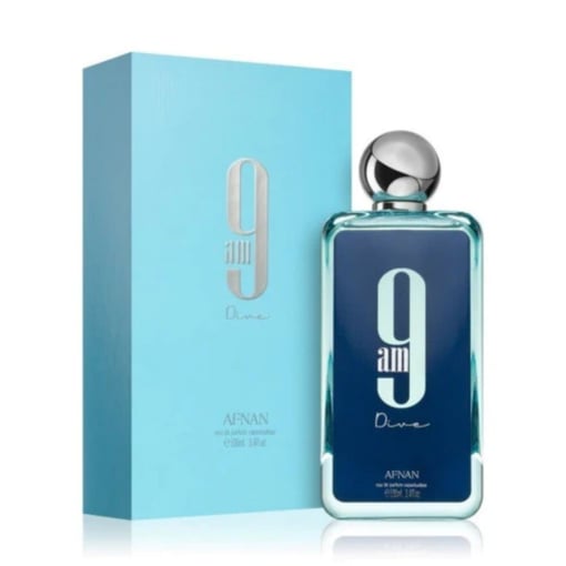 Colônia masculina 9 am Desire da Afnan em frasco azul escuro com embalagem azul clara