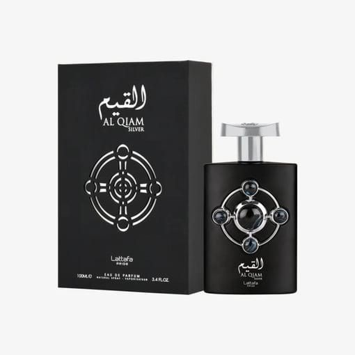 Perfume Al Qiam Silver Lattafa preto com pedras e tampa prateada ao lado da caixa preta.