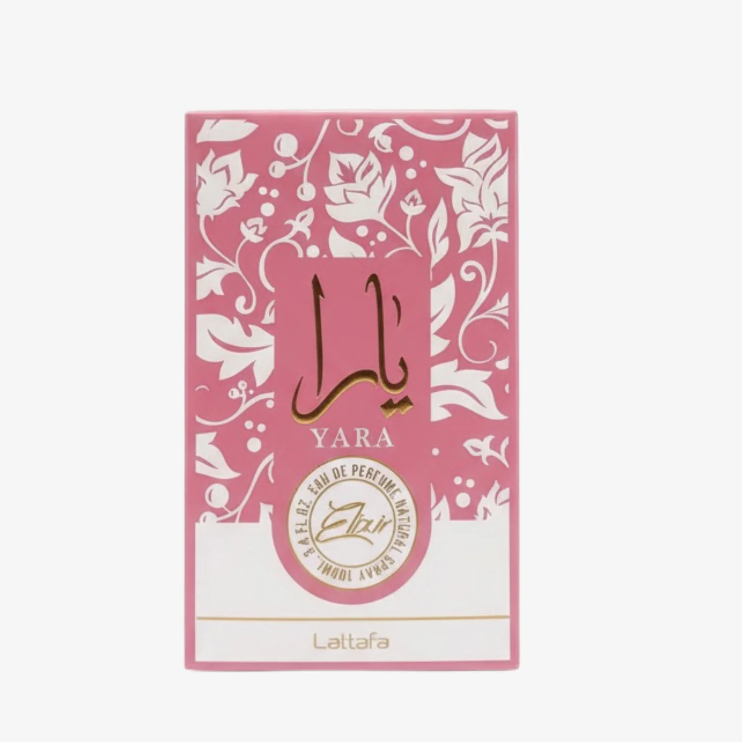 Caixa de perfume rosa com padrão floral branco e texto YARA.