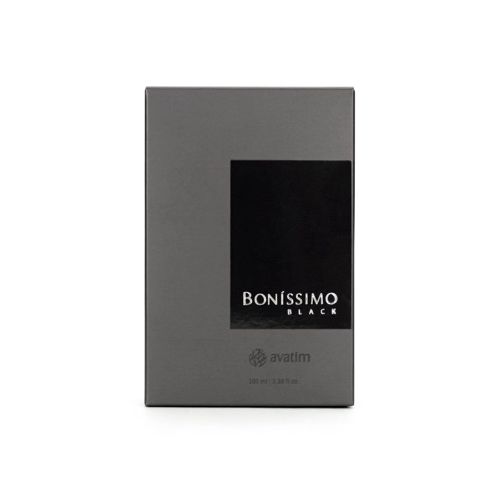 Embalagem cinza e preta do produto BONÍSSIMO BLACK da avatim com 100 ml