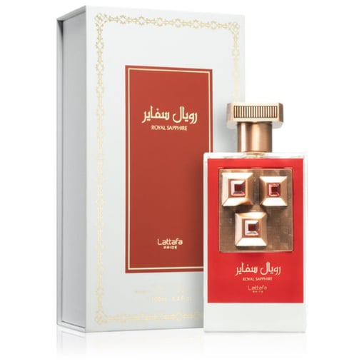 Frasco de perfume Royal Sapphire lattafa com embalagem branca e detalhes vermelhos e dourados