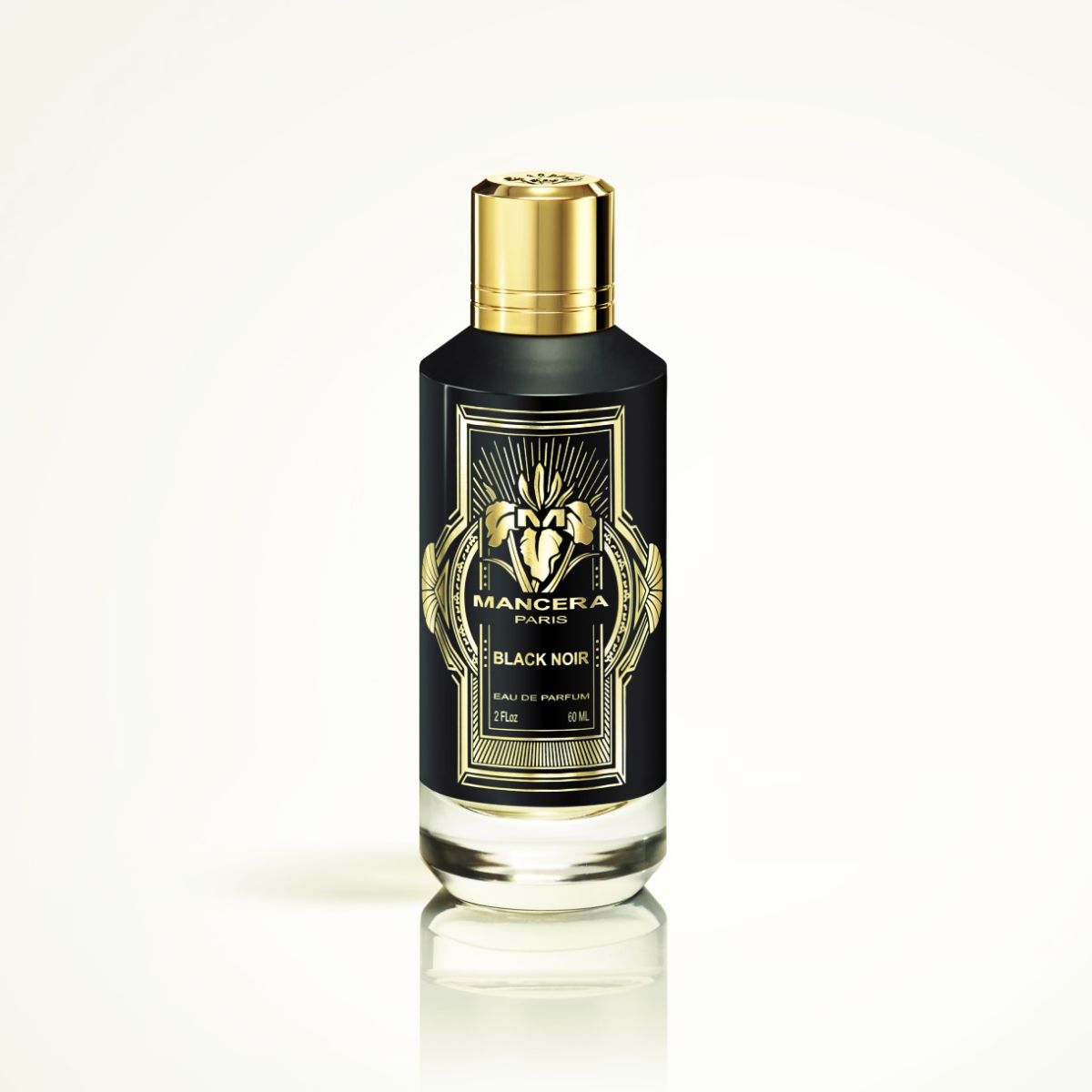 Frasco de perfume preto e dourado Mancera Paris Black Noir.