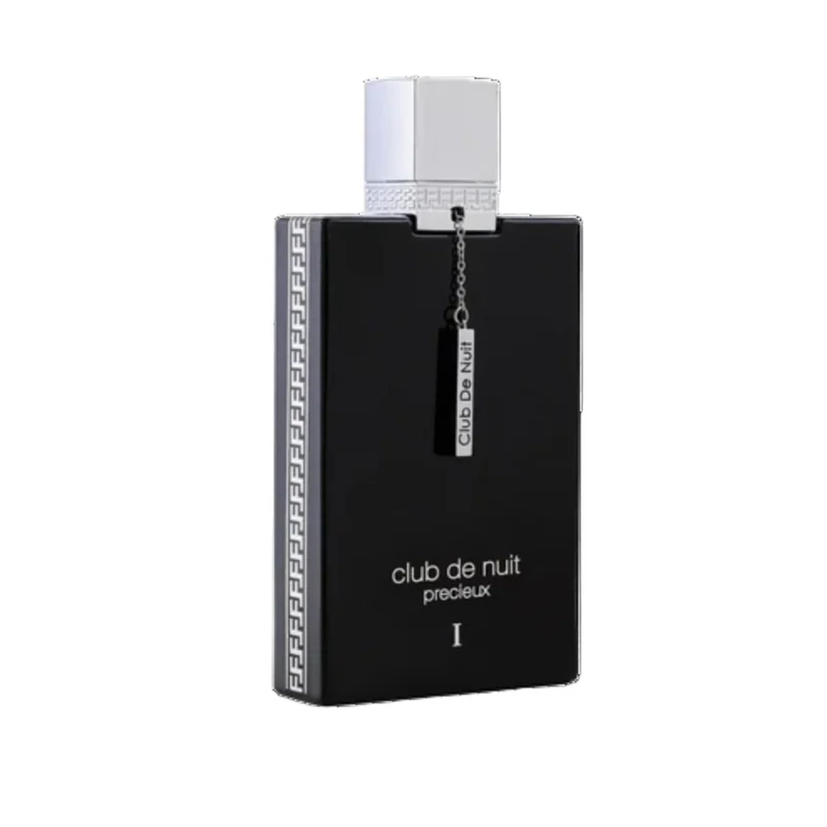 Frasco de perfume preto com tampa branca e etiqueta pendente