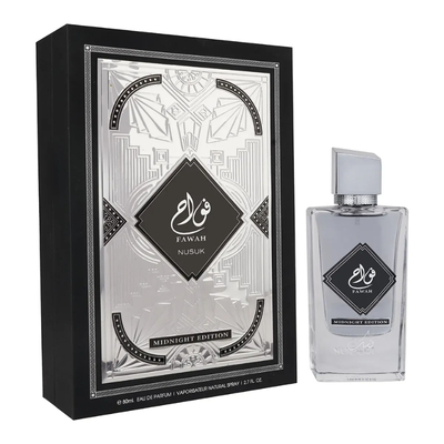 Perfume Fawah Nusuk Midnight Edition com embalagem preta e prateada e frasco transparente com tampa cinza