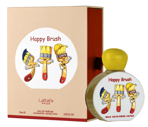 Frasco e caixa de perfume Happy Brush com ilustração de pincéis coloridos