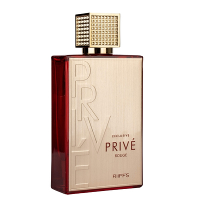 Frasco de perfume vermelho com placa dourada e texto Privé Rouge