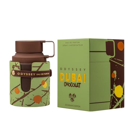 Frasco e caixa de perfume Odyssey Dubai Chocolat em verde e castanho com padrão de ramos e frutos.